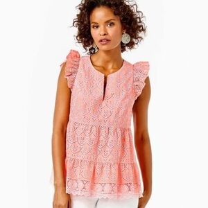 NWT Lilly Pulitzer Keila Eyelet Top - Peach Hyacinth Floral - Size 12